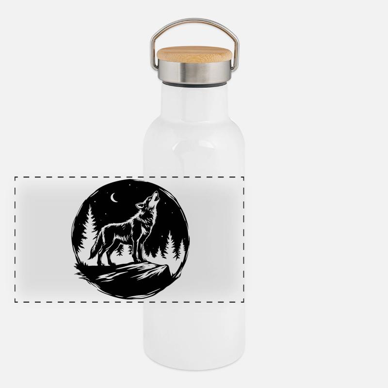 Schwarz-Weiß-Schablone: Heulender Wolf auf einem Felsen Panorama Thermosflasche mit Bambusdeckel