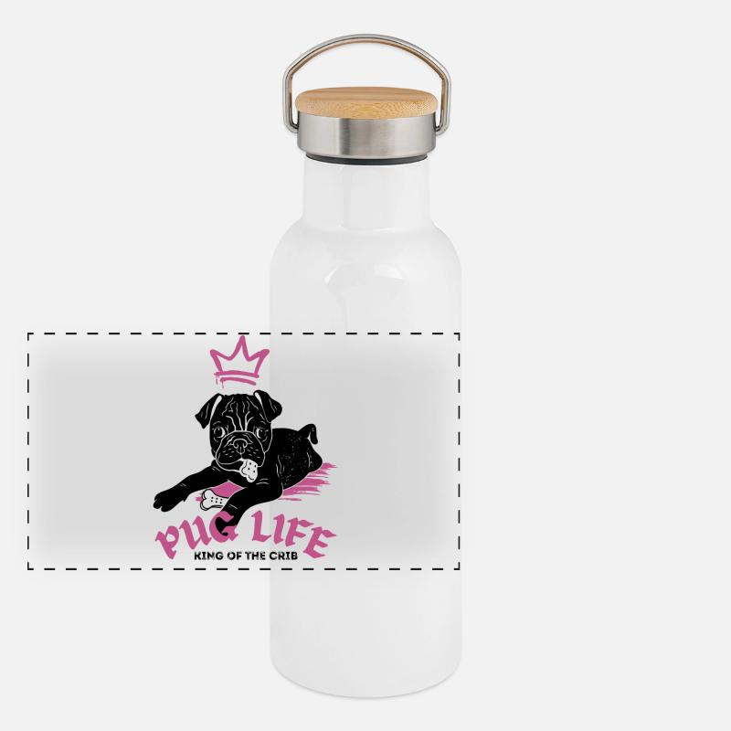 Pug Life – Mops mit Krone Panorama Thermosflasche mit Bambusdeckel