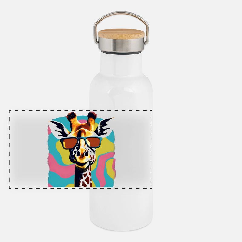 Cool Retro Giraffe Portrait with Sunglasses - Panoramic Thermal Bottle with Bamboo Lid - white