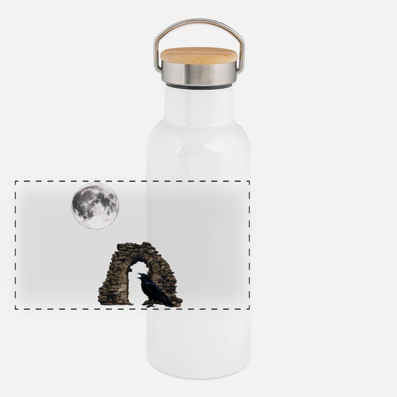 zerfallener Bogen mit Kolkrabe, Monde, ruinen Panorama Thermosflasche mit Bambusdeckel