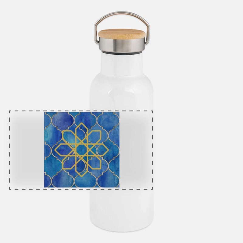 Golden Islamic Geometry on Blue Panoramic Thermal Bottle with Bamboo Lid