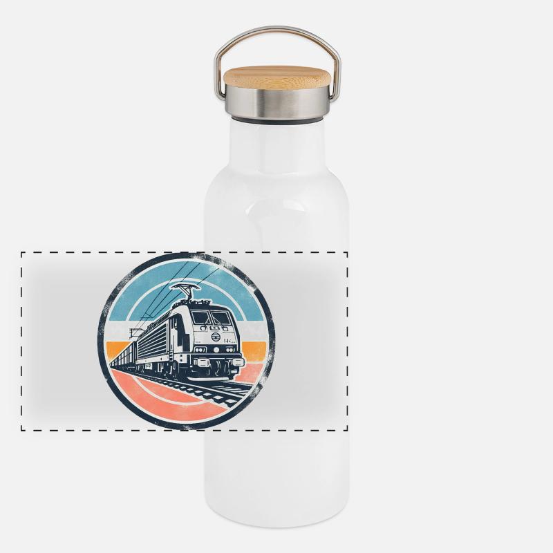 E-Lok mit Güterzug Panorama Thermosflasche mit Bambusdeckel