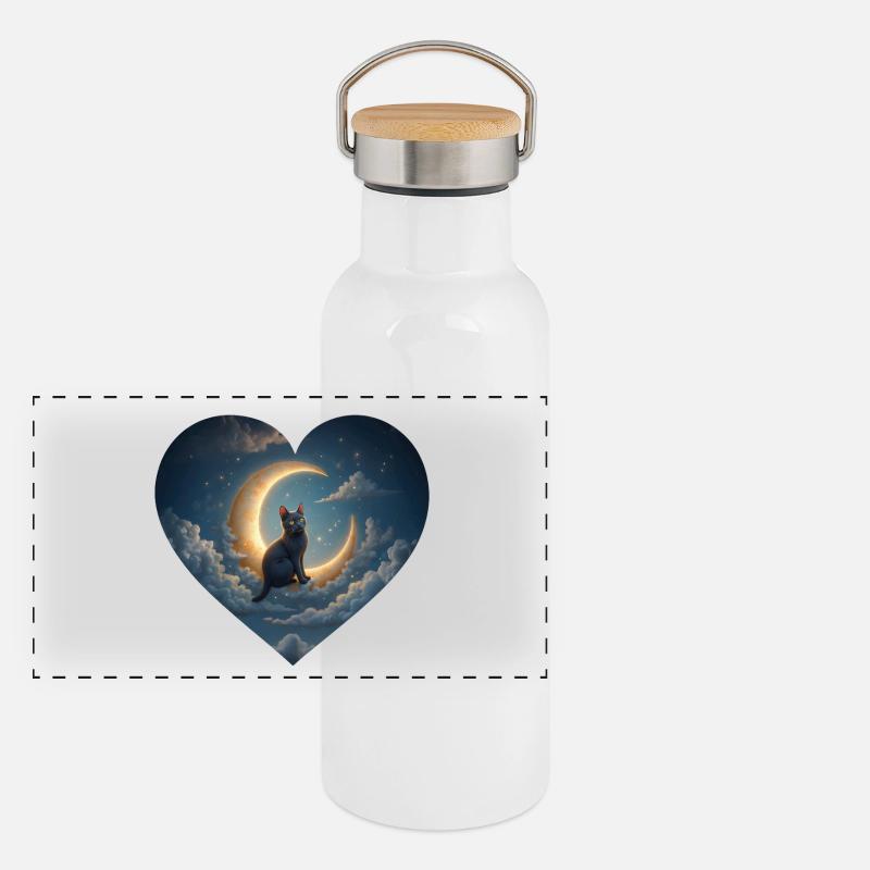 Die Katze im Mond Panorama Thermosflasche mit Bambusdeckel