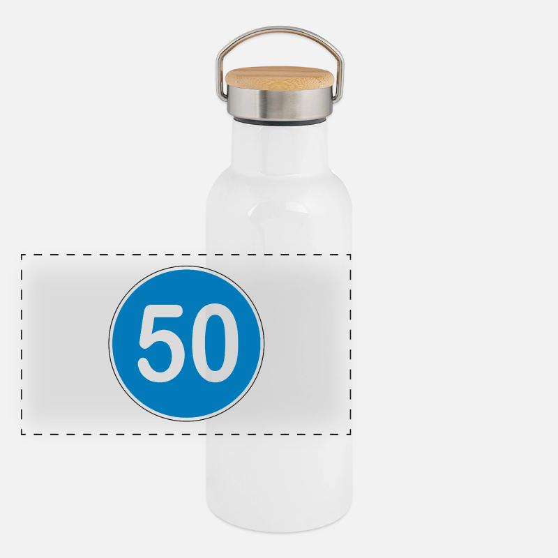 50e anniversaire , 50 ans , Panneau de signalisation bleu Gourde isotherme avec bouchon en bambou