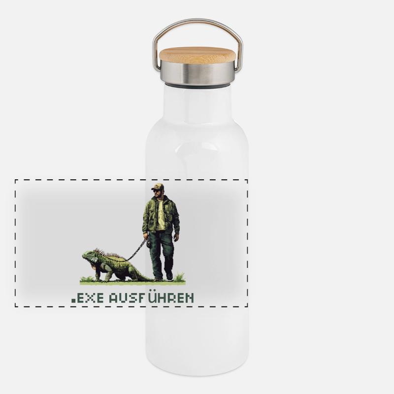 EXE AUSFÜHREN Lustiges Nerd IT Pixel Echse Design Panorama Thermosflasche mit Bambusdeckel