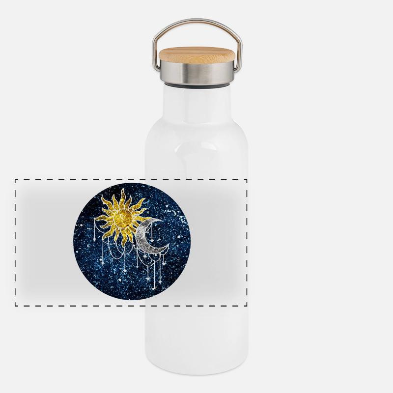 Kosmische Sonne und Mond Panorama Thermosflasche mit Bambusdeckel
