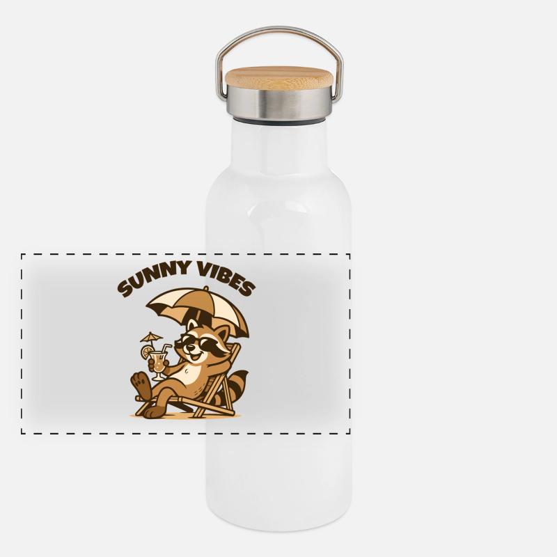 Sunny Vibes Strand-Raccoon - Panorama Thermosflasche mit Bambusdeckel - Weiß
