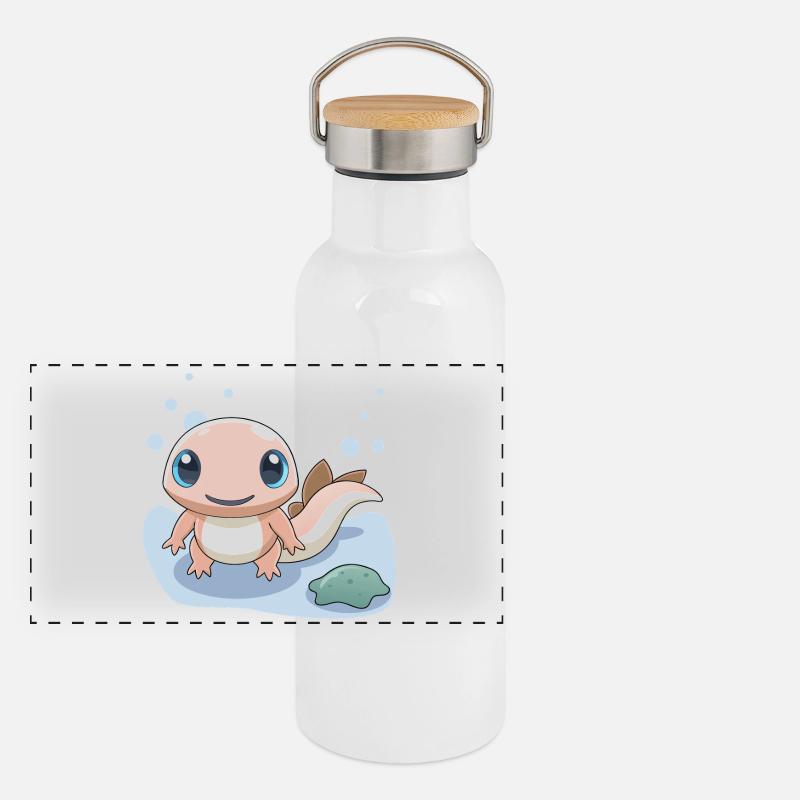 Kleiner rosa Salamander am Ufer Panorama Thermosflasche mit Bambusdeckel