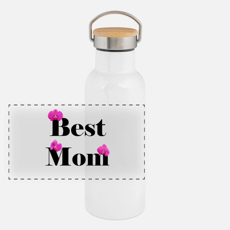 Beste Mama, schwarz mit fuchsiafarbenen Orchideen Panorama Thermosflasche mit Bambusdeckel
