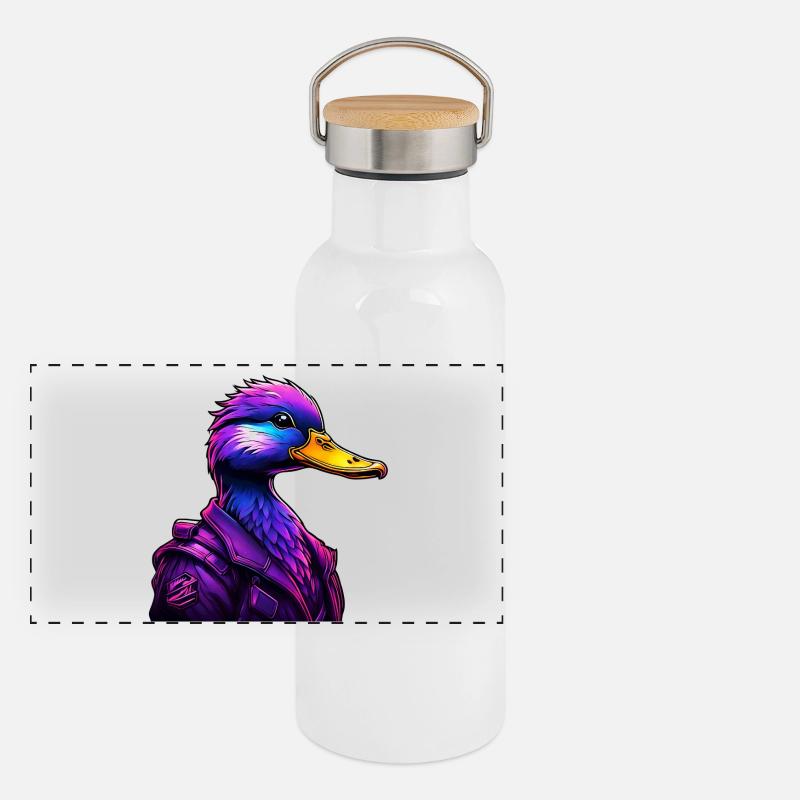 Futuristic Duck in Cyber Style - Panoramic Thermal Bottle with Bamboo Lid - white