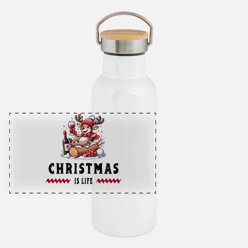 Rentier mit Wein – Christmas Vibes Panorama Thermosflasche mit Bambusdeckel