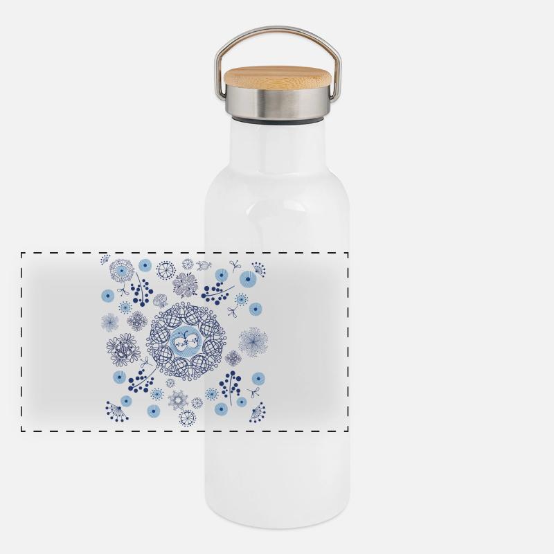 Abstract Winter Floral Pattern in Blue Panoramic Thermal Bottle with Bamboo Lid