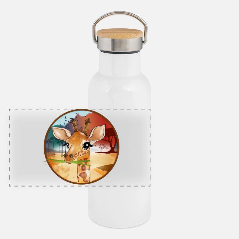 Niedliche Giraffe mit großen Augen in Savanne Panorama Thermosflasche mit Bambusdeckel