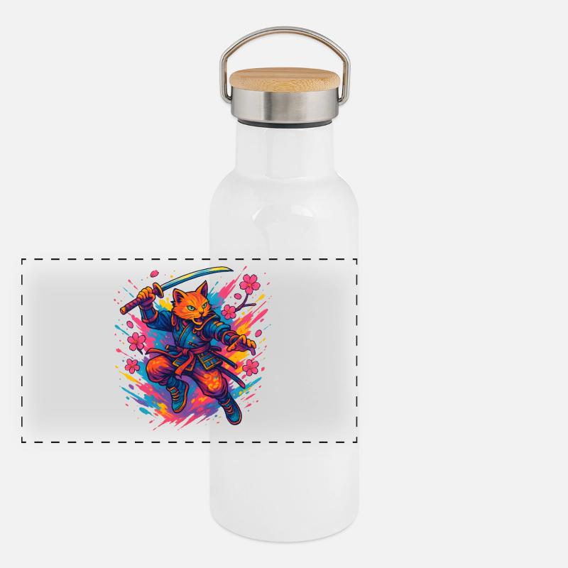 Katzen-Krieger im Samurai-Stil Panorama Thermosflasche mit Bambusdeckel