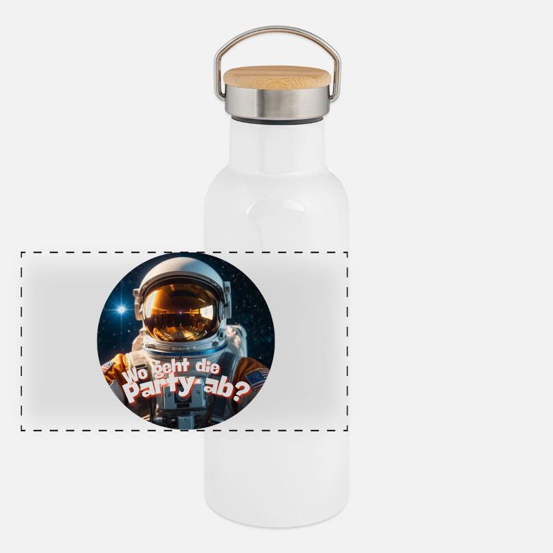 Weltraum-Partyfrage mit Astronaut Panorama Thermosflasche mit Bambusdeckel