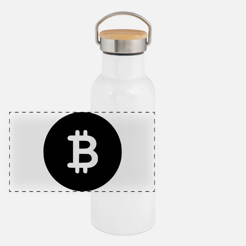 Bitcoin schwarzes Icon Panorama Thermosflasche mit Bambusdeckel