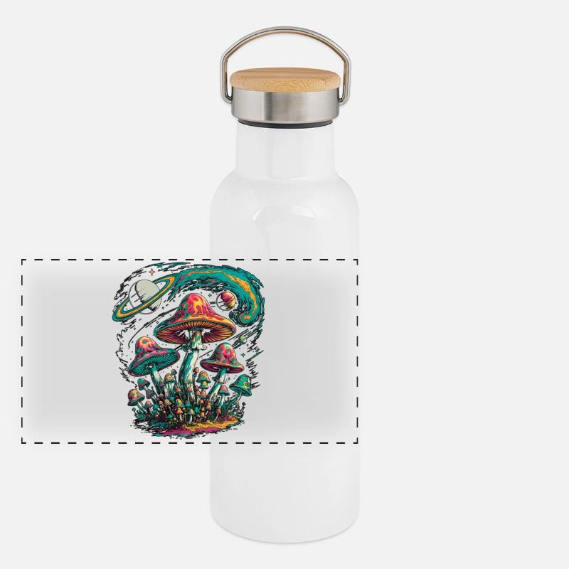 Psychedelic Cosmic Mushrooms Artwork Panoramic Thermal Bottle with Bamboo Lid