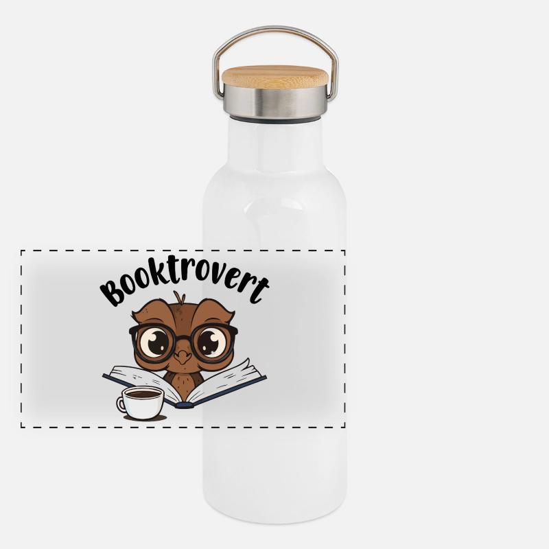 Booktrovert Eule mit Buch und Kaffee Panorama Thermosflasche mit Bambusdeckel