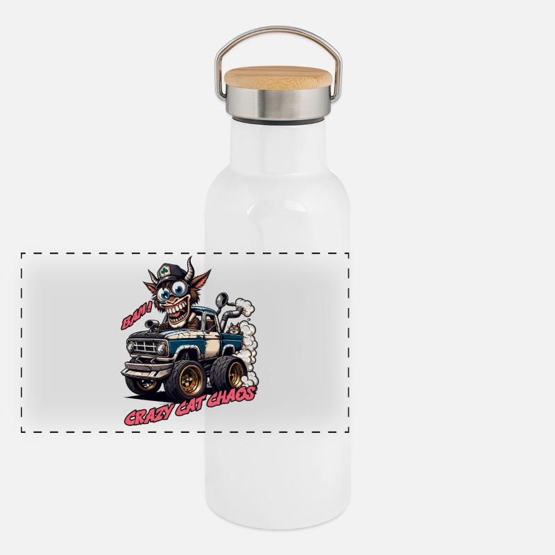 Crazy Cat Chaos Offroad-Design - Panorama Thermosflasche mit Bambusdeckel - Weiß