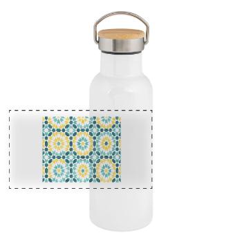 Persisches Fliesenmuster – Blau & Gold - Panorama Thermosflasche mit Bambusdeckel - Weiß - Vorne