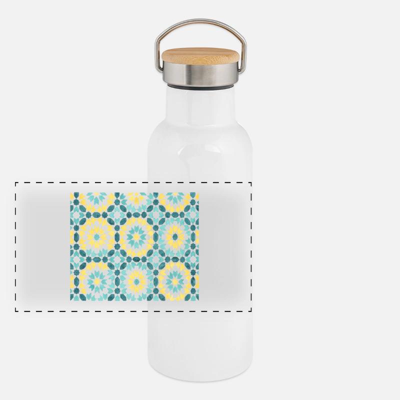 Persian Tile Pattern – Blue & Gold Panoramic Thermal Bottle with Bamboo Lid