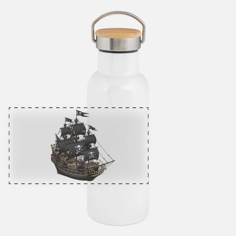 Abandoned pirate ship with skull logo Panoramic Thermal Bottle with Bamboo Lid