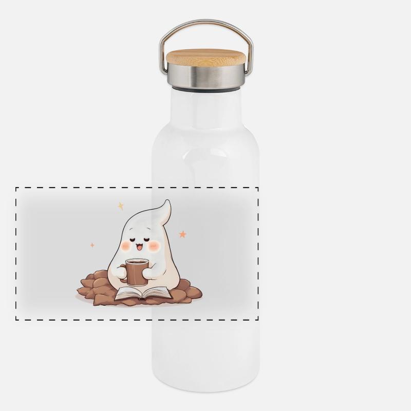 Kawaii Geist – Cozy Coffee & Books Panorama Thermosflasche mit Bambusdeckel