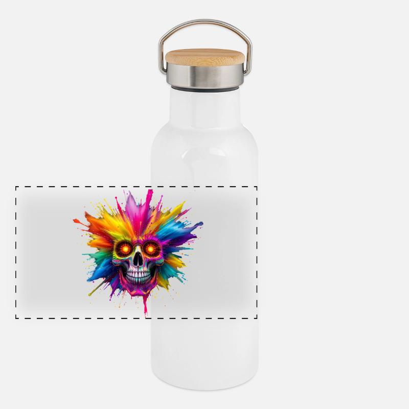 Bunter Totenkopf mit Farbexplosion Panorama Thermosflasche mit Bambusdeckel