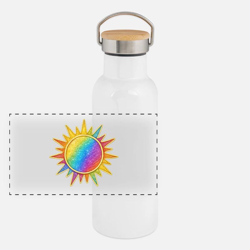 Lebendiges Regenbogen-Sunburst-Design Panorama Thermosflasche mit Bambusdeckel