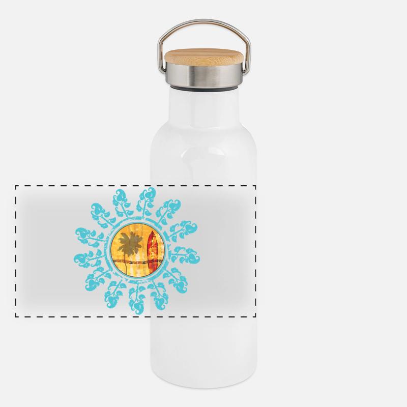 Plage et coucher de soleil dans un style bohème Gourde isotherme avec bouchon en bambou