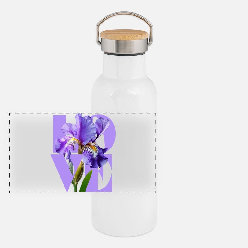 Elegantes lila Iris-Blumendesign Panorama Thermosflasche mit Bambusdeckel