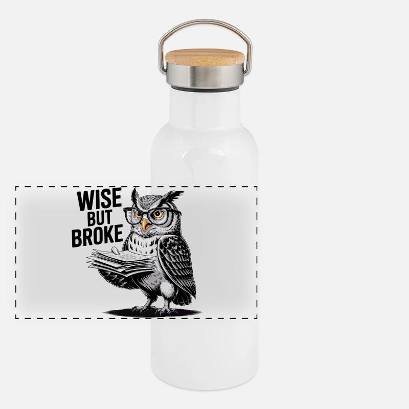 Weise, aber pleite Eule Panorama Thermosflasche mit Bambusdeckel