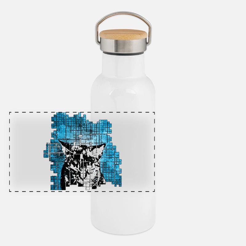 Graffiti-Stil Katzenporträt mit blauer Explosion Panorama Thermosflasche mit Bambusdeckel