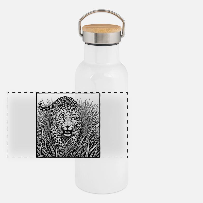 Leopard Im Gras Panorama Thermosflasche mit Bambusdeckel