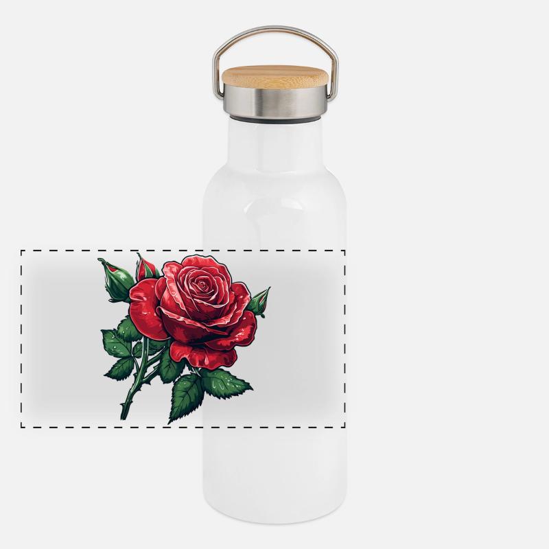 Rose mit Knospen und wassertropfen Panorama Thermosflasche mit Bambusdeckel