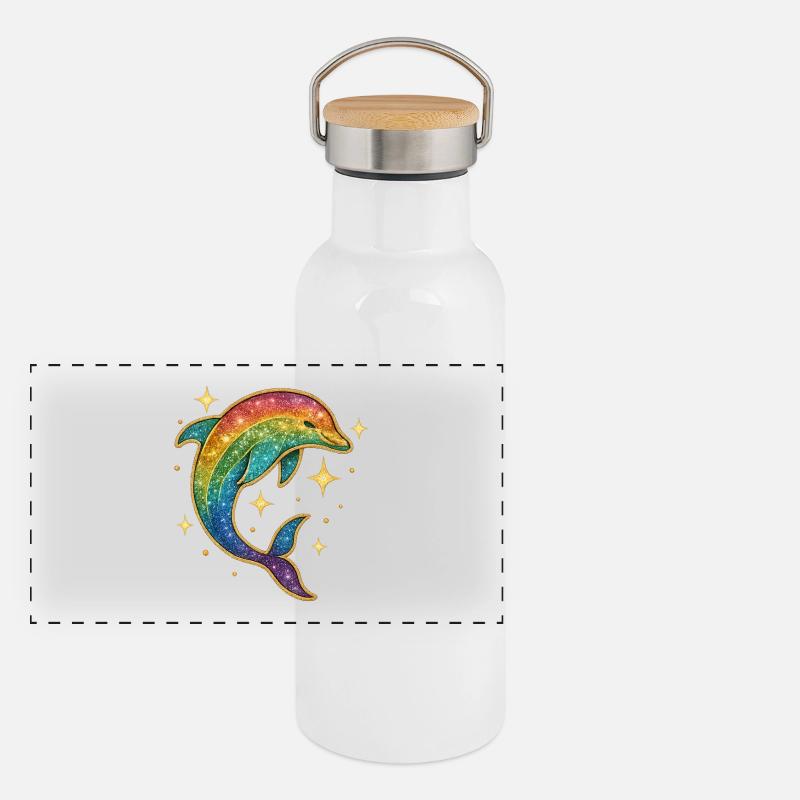 Regenbogen Delfin Sternenglitzer Panorama Thermosflasche mit Bambusdeckel