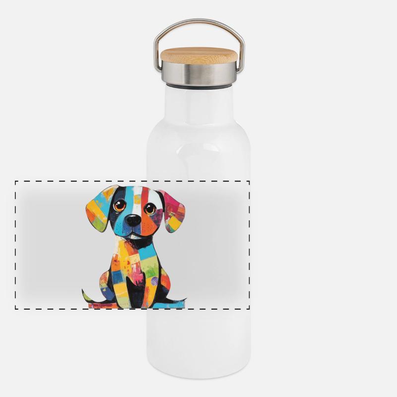 Farbenfroher Patchwork, bunter Hund Panorama Thermosflasche mit Bambusdeckel