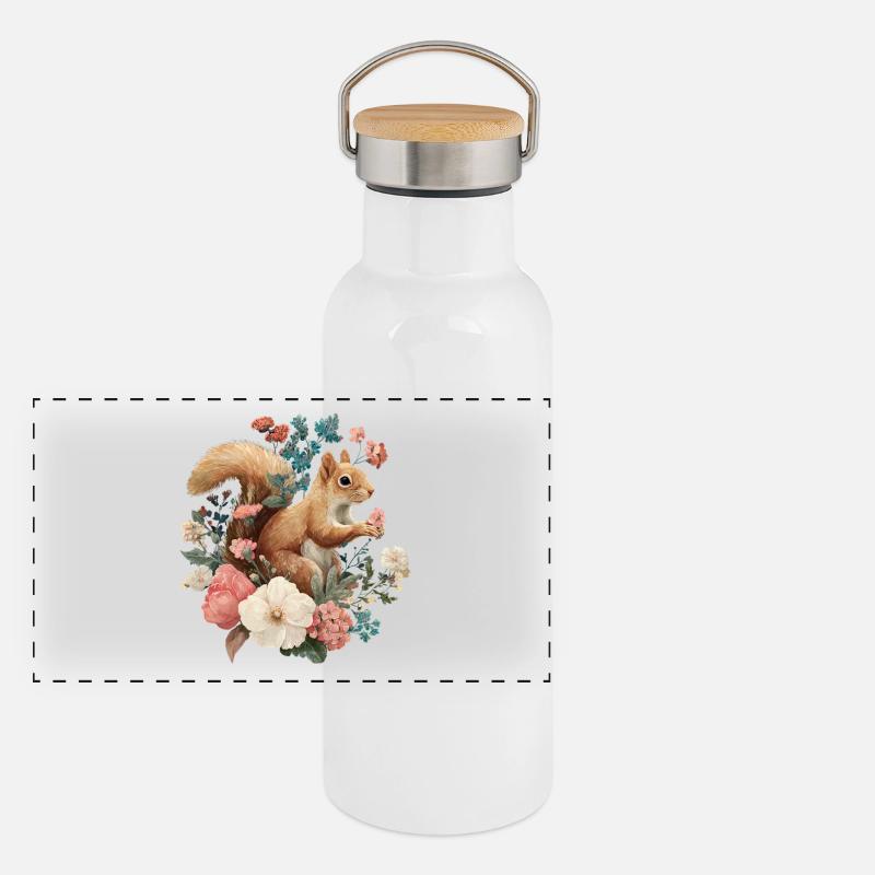 Squirrel Flowers Cottagecore Panoramic Thermal Bottle with Bamboo Lid