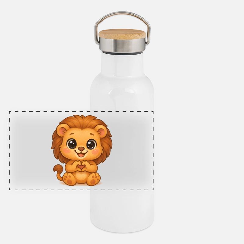 Süßer Löwe mit Herzhänden Panorama Thermosflasche mit Bambusdeckel