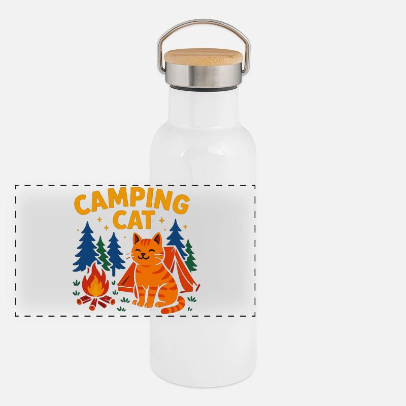 Campingkatze am Lagerfeuer - Panorama Thermosflasche mit Bambusdeckel - Weiß