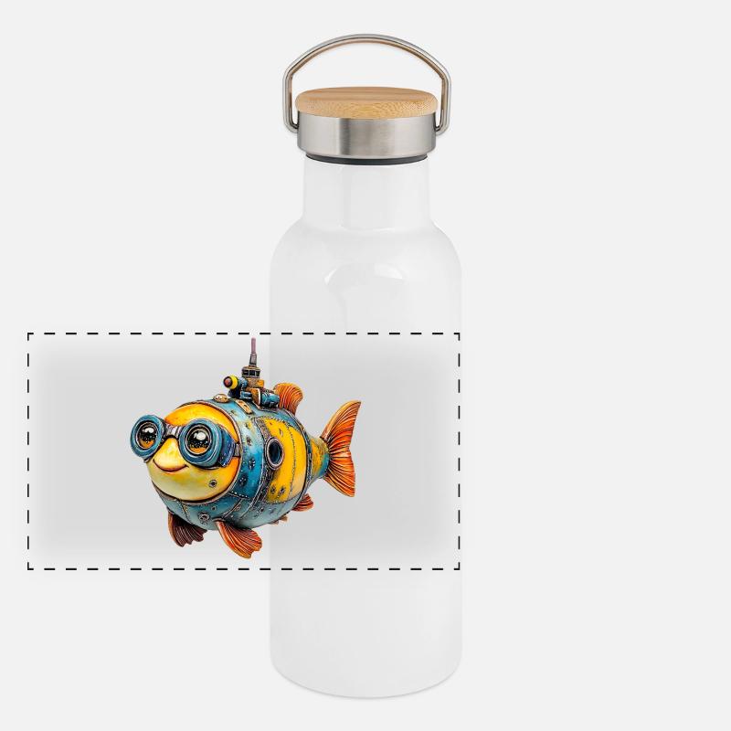Steampunk fish with glasses Panoramic Thermal Bottle with Bamboo Lid
