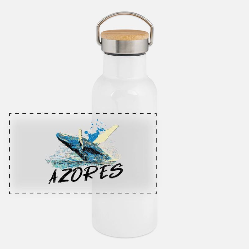 Blue Abstract Wave with Humpback Whale - Panoramic Thermal Bottle with Bamboo Lid - white