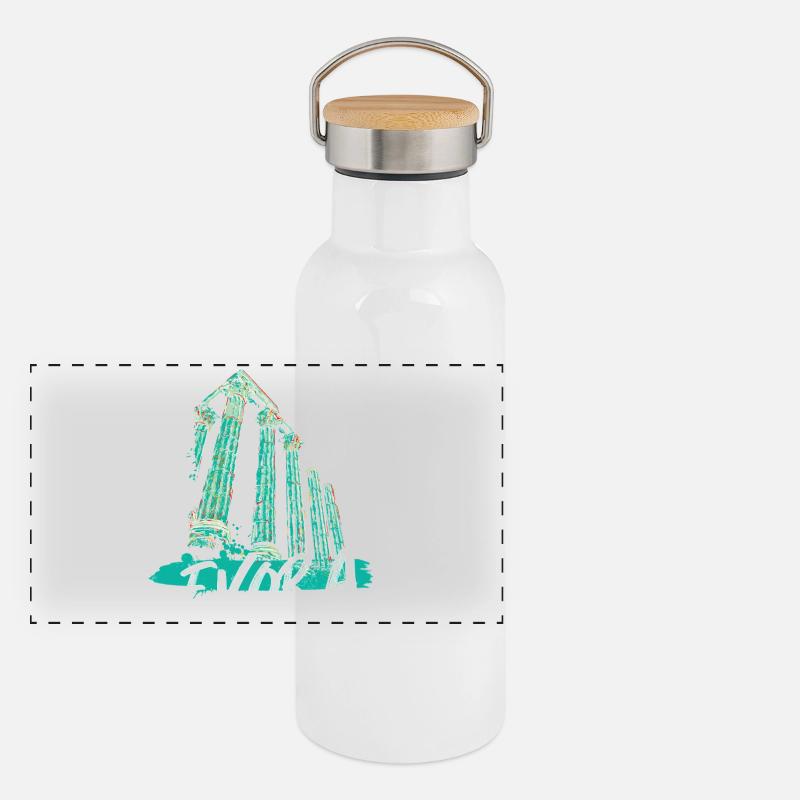 Illustration en turquoise du temple romain d’Évora Gourde isotherme avec bouchon en bambou