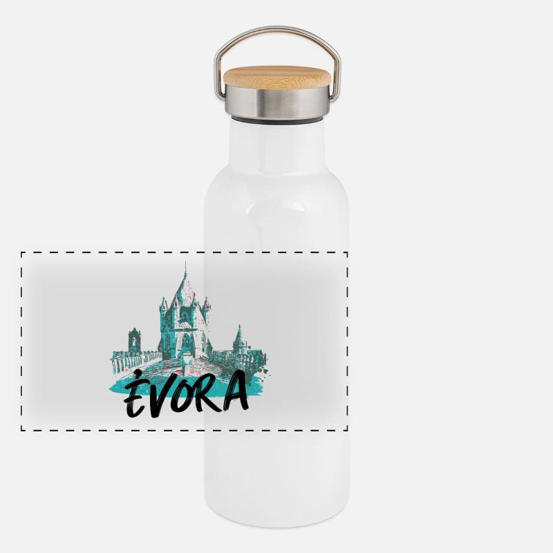Kathedrale von Évora Dach Bläuliche Illustration Panorama Thermosflasche mit Bambusdeckel