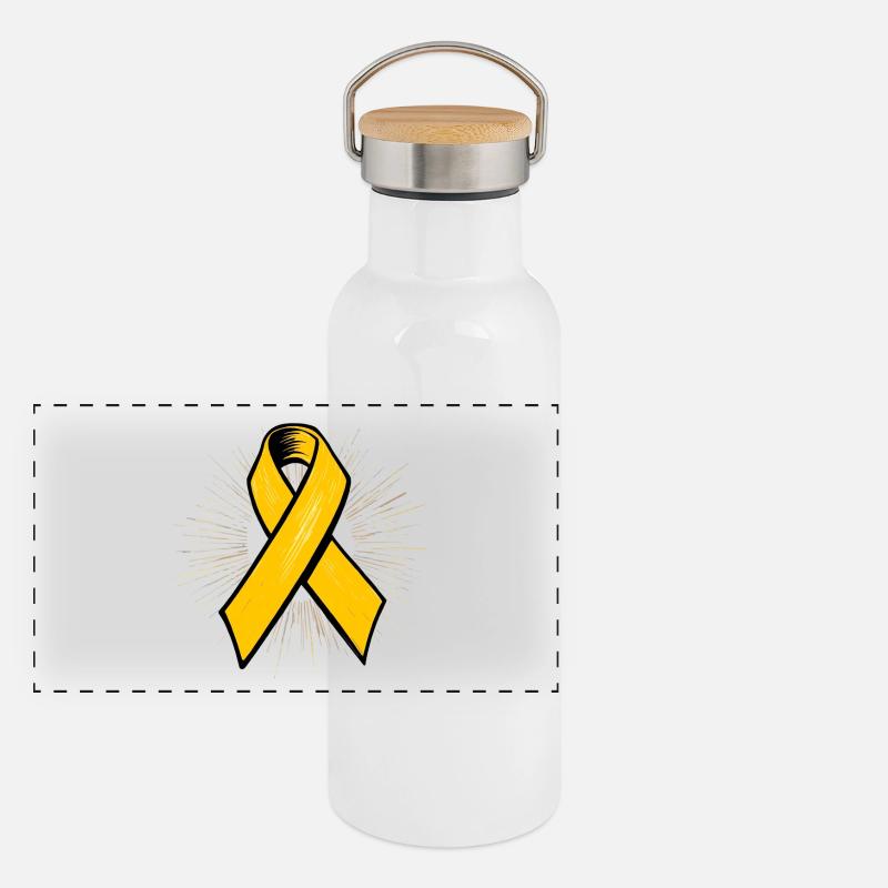 Yellow Awareness Ribbon in Comic Style Panoramic Thermal Bottle with Bamboo Lid