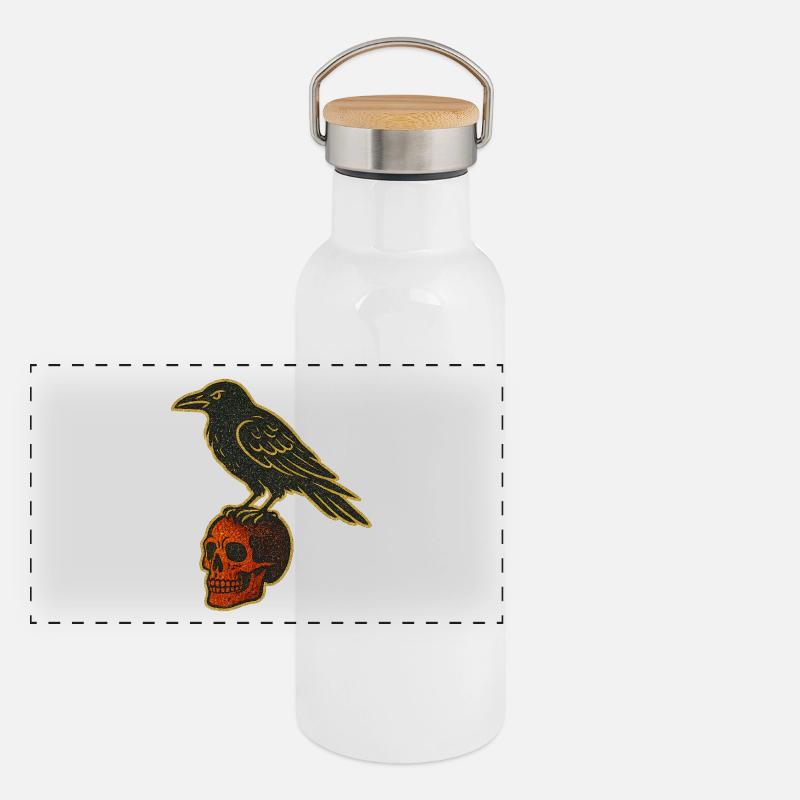 Raven on skull in gold look Panoramic Thermal Bottle with Bamboo Lid