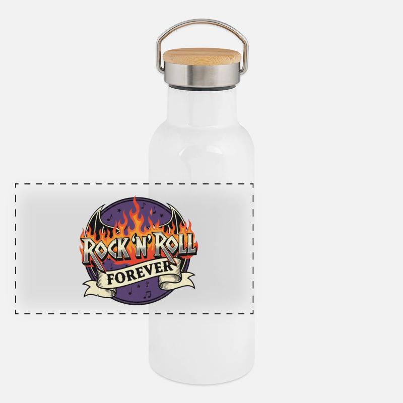 Rock N Roll Forever Flammendes Logo Panorama Thermosflasche mit Bambusdeckel