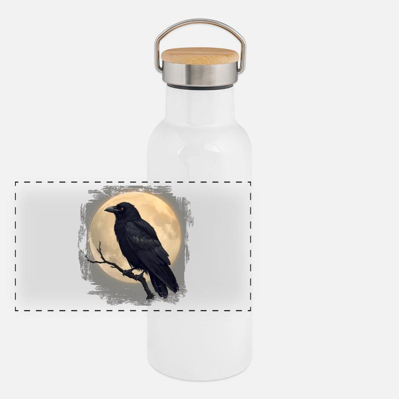 Düsterer Rabe vor Vollmond  Panorama Thermosflasche mit Bambusdeckel