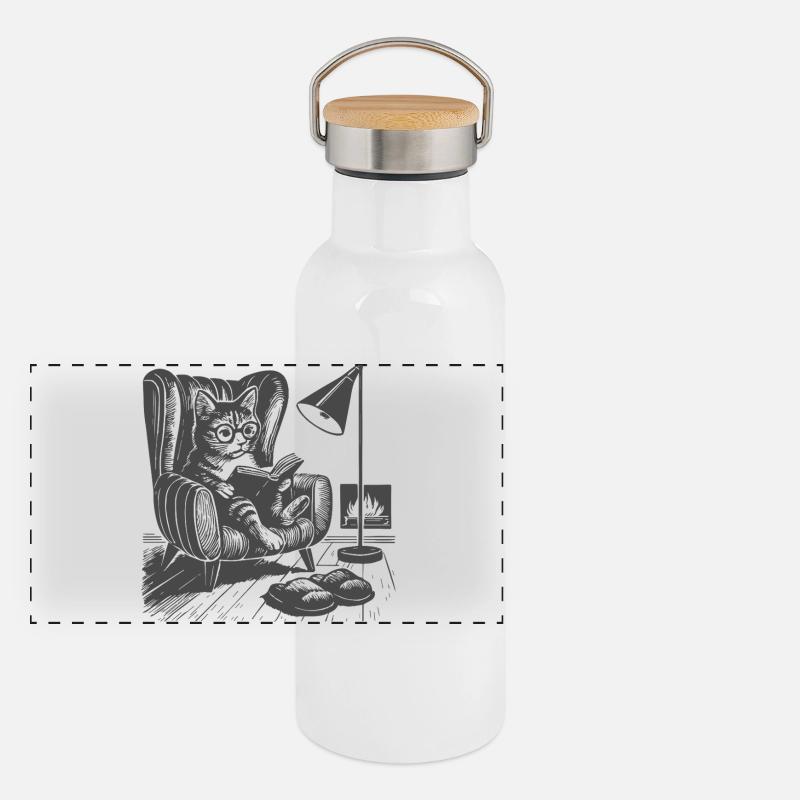 Katze im Wohnzimmer beim Lesen Panorama Thermosflasche mit Bambusdeckel