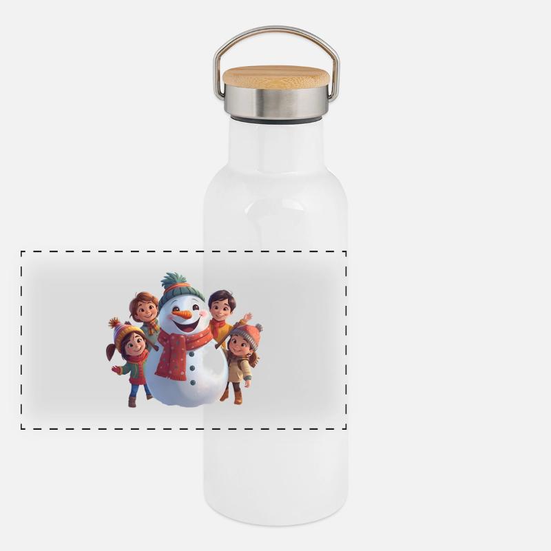 Schneemann und Freunde im Winter Panorama Thermosflasche mit Bambusdeckel
